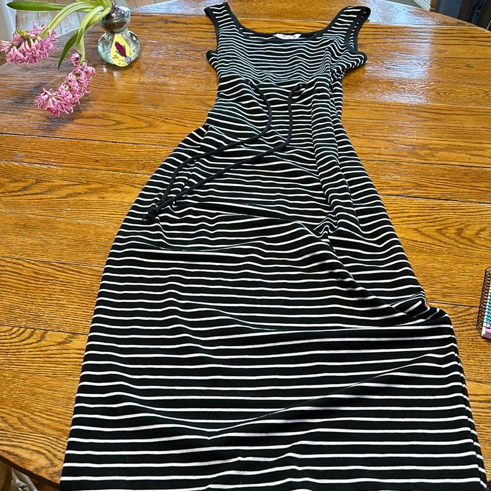 Trio New York black/white stripe tank style maxi dress. Size Large. Corded belt.